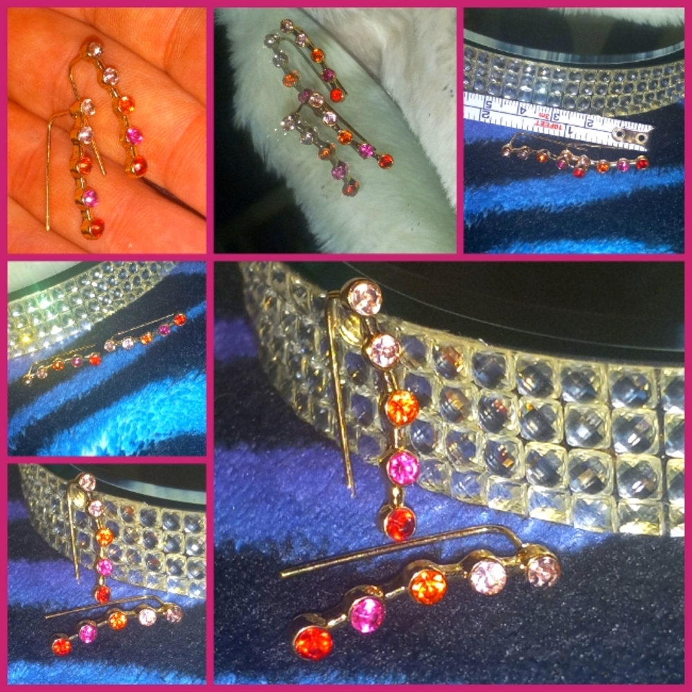 Gold Ear CRAWLERS with multi Shade Pink Stones